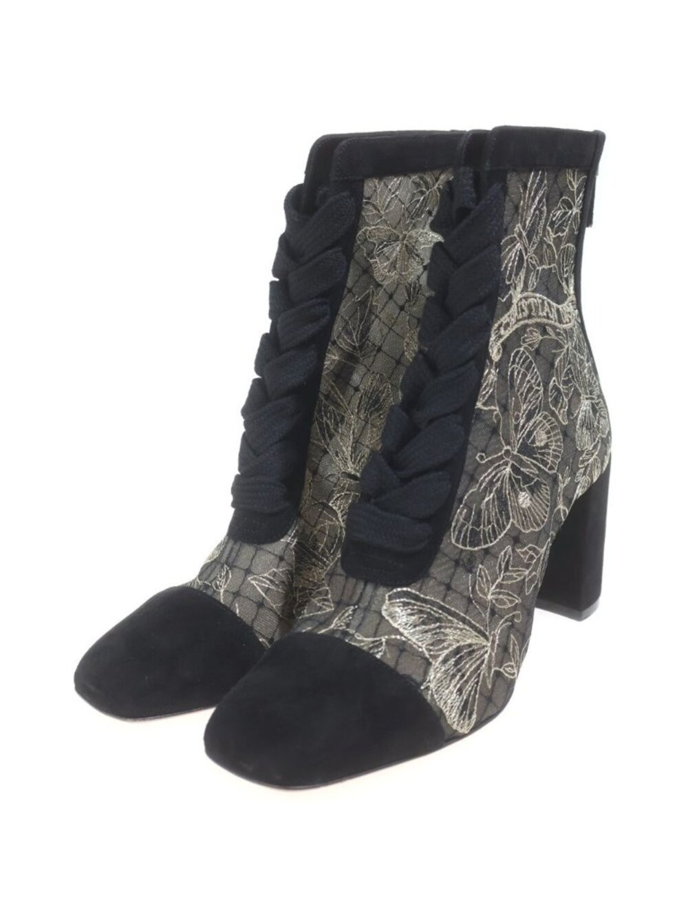 Dior Naughtily-d Logo Embroidery Suede Leather Lace Heels Short Boots Black - Picture 2 of 7